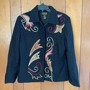 Allure‎ Jacket Women's M Black Embroidered Applique Wool Blend Coat Paisley Fall